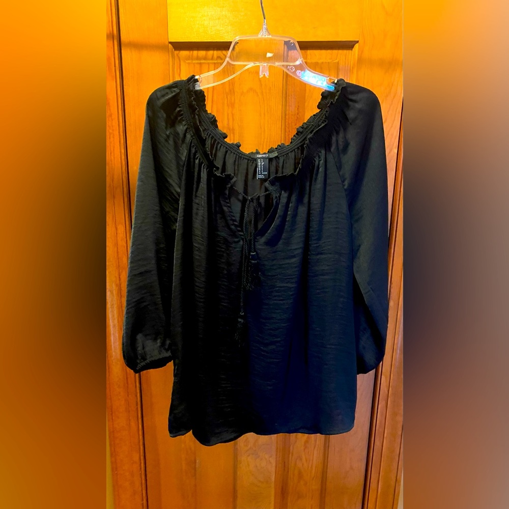 Black swoop neck with tie in front blouse